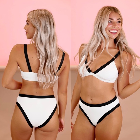 Black and White V Neck Triangle Bikini Set - Picture 9 of 9